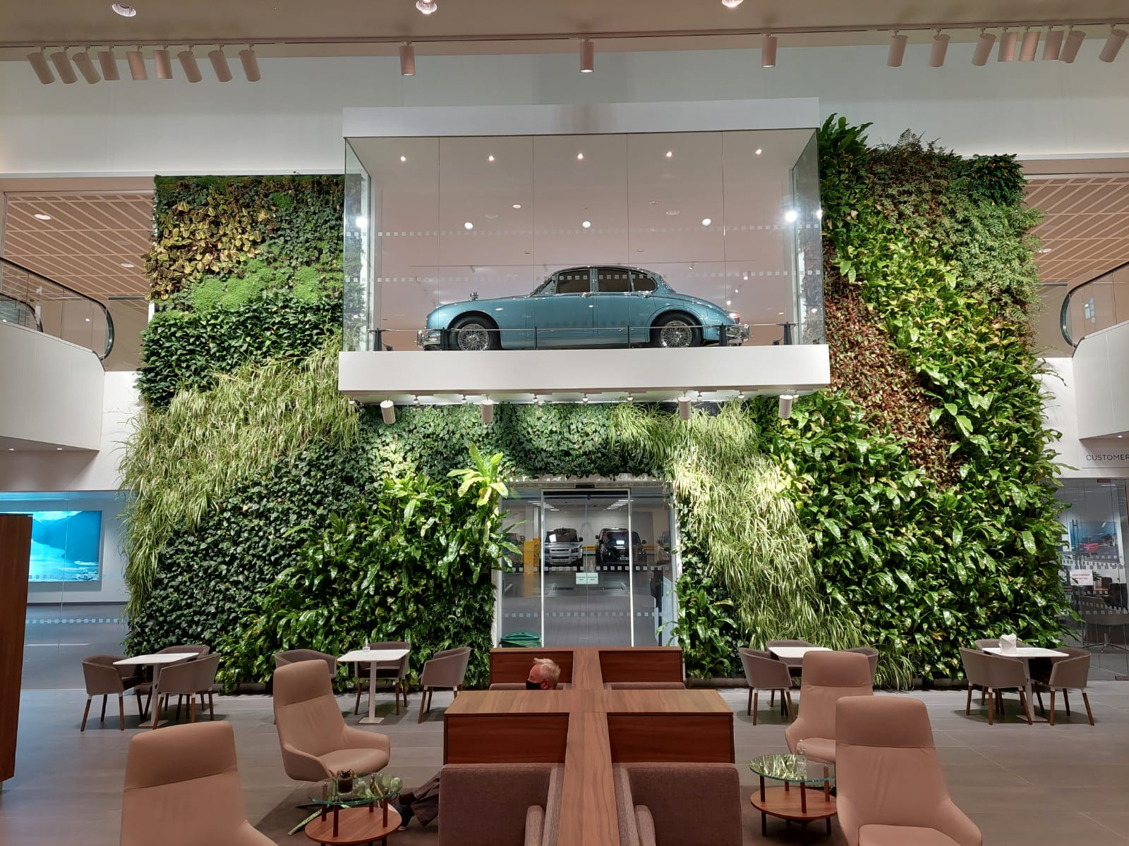 A vibrant living wall featuring various plants in the lobby of a modern office building, enhancing the space's ambiance.
