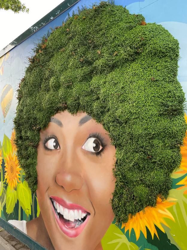 Wall painting of a woman using plants as hair