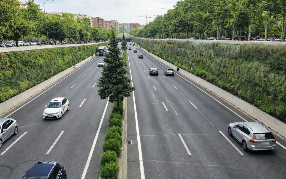 Cars traveling on a highway flanked by lush green walls, creating a vibrant and scenic driving environment.