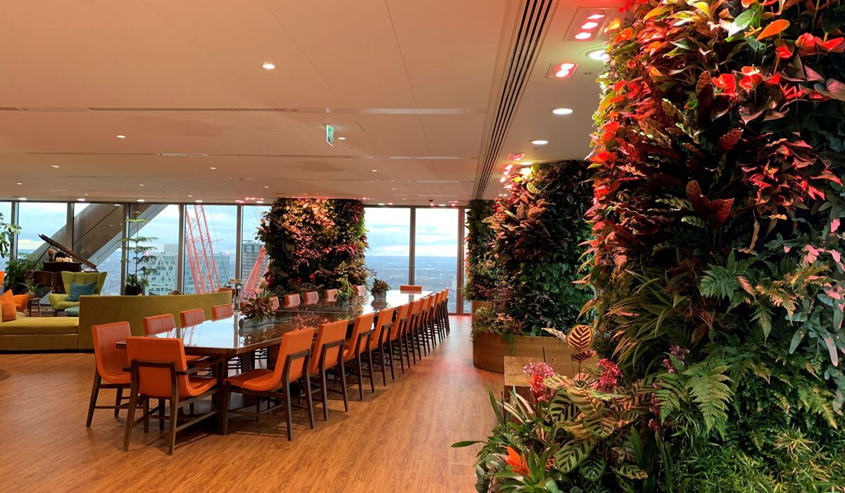 A living wall in a room featuring chairs and a television, creating a vibrant and inviting atmosphere.  