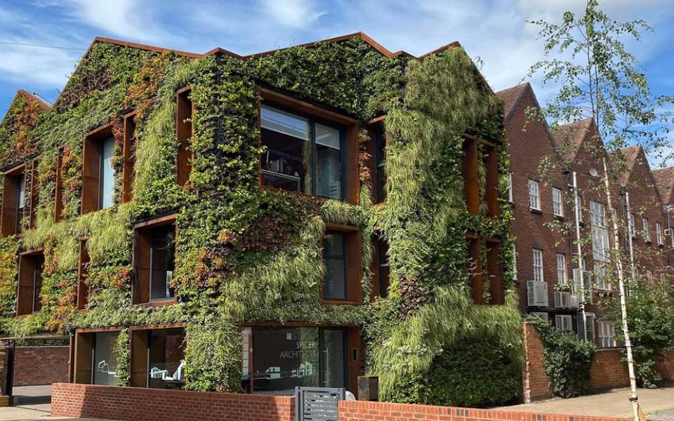 A building featuring a vibrant green wall on its side, enhancing its aesthetic appeal and promoting sustainability.