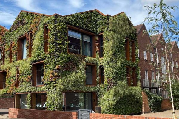 A building featuring a vibrant green wall on its side, enhancing its aesthetic appeal and promoting sustainability.