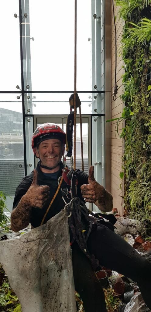 Smilling living wall technician giving double thumbs up